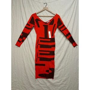 NWT Immodel by HWA Red Brown Abstract Geometric Knit V-Neck Midi Dress Medium